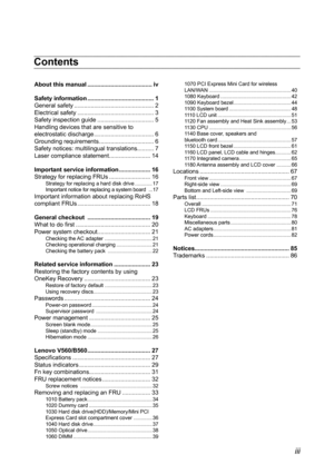 Page 3iii
Contents
About this manual .......................................iv
Safety information ........................................1General safety  ................................................2Electrical safety  ..............................................3Safety inspection guide ..................................5Handling devices that are sensitive to electrostatic discharge ....................................6Grounding requirements .................................6Safety notices: multilingual...