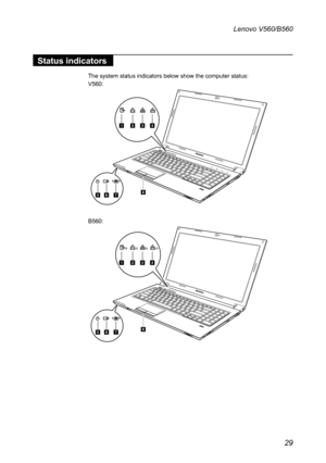 Page 3329
Lenovo V560/B560
Status indicators
The system status indicators below show the computer status:
V560:
8567
1234
B560:
8567
1234 