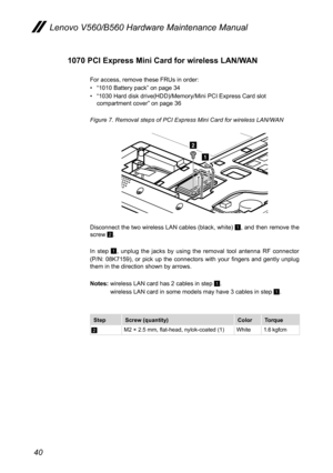 Page 4440
Lenovo V560/B560 Hardware Maintenance Manual
1070 PCI Express Mini Card for wireless LAN/WAN
For access, remove these FRUs in order:
• “1010 Battery pack” on page 34
• “1030 Hard disk drive(HDD)/Memory/Mini PCI Express Card slot compartment cover” on page 36
Figure 7. Removal steps of PCI Express Mini Card for wireless LAN/WAN
1
2
Disconnect the two wireless LAN cables (black, white) 1, and then remove the screw 2.
In  step 1,  unplug  the  jacks  by  using  the  removal  tool  antenna  RF  connector...