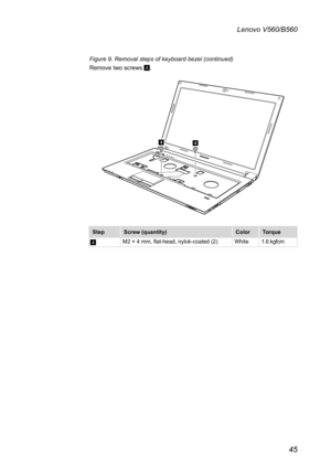 Page 4945
Lenovo V560/B560
Figure 9. Removal steps of keyboard bezel (continued)
Remove two screws 4. 
44
StepScrew (quantity)ColorTorque
4M2 × 4 mm, flat-head, nylok-coated (2)White1.6 kgfcm 