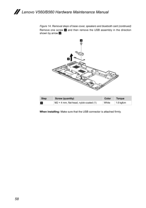 Page 6258
Lenovo V560/B560 Hardware Maintenance Manual
Figure 14. Removal steps of base cover, speakers and bluetooth card (continued)
Remove  one  screw 3  and  then  remove  the  USB  assembly  in  the  direction shown by arrow 4.
3
4
StepScrew (quantity)ColorTorque
3M2 × 4 mm, flat-head, nylok-coated (1)White1.6 kgfcm
When installing: Make sure that the USB connector is attached firmly. 