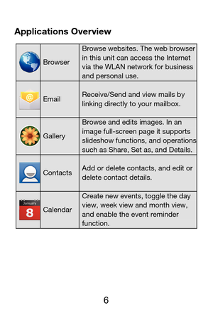 Page 7 
  6  Applications Overview 
 Browser 
Browse websites. The web browser in this unit can access the Internet via the WLAN network for business and personal use. 
 Email Receive/Send and view mails by linking directly to your mailbox. 
 Gallery 
Browse and edits images. In an image full-screen page it supports slideshow functions, and operations such as Share, Set as, and Details. 
 ContactsAdd or delete contacts, and edit or delete contact details. 
 Calendar
Create new events, toggle the day view, week...