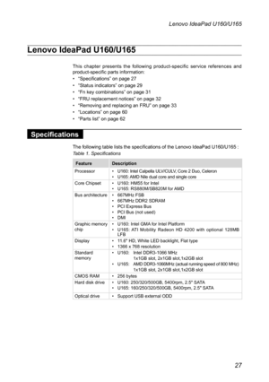 Page 31
27
Lenovo IdeaPad U160/U165

Lenovo IdeaPad U160/U165
This  chapter  presents  the  following  product-specific  service  references  and product-specific parts information:
• “Specifications” on page 27
• “Status indicators” on page 29
• “Fn key combinations” on page 31
• “FRU replacement notices” on page 32
• “Removing and replacing an FRU” on page 33
• “Locations” on page 60
• “Parts list” on page 62

Specifications
The following table lists the specifications of the Lenovo IdeaPad U160/U165 : 
Table...