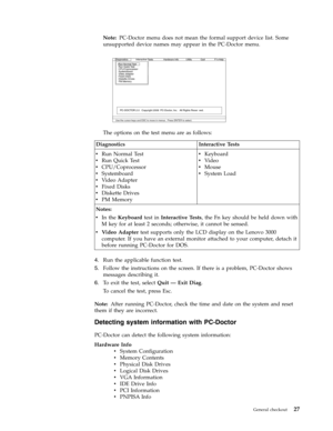 Page 35Note: PC-Doctor menu does not mean the formal support device list. Some 
unsupported device names may appear in the PC-Doctor menu. 
 
The options on the test menu are as follows: 
 Diagnostics Interactive Tests 
v   
 Run Normal Test 
v 
 
 Run Quick Test 
v 
 
 CPU/Coprocessor 
v 
 
 Systemboard 
v 
 
 Video Adapter 
v 
 
 Fixed Disks 
v 
 
 Diskette Drives 
v 
 
 PM Memory 
v 
 
 Keyboard 
v 
 
 Video 
v 
 
 Mouse 
v 
 
 System Load 
Notes: 
 
v 
 
 In the Keyboard test in Interactive Tests, the Fn...