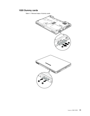 Page 631020 Dummy cards 
 
Table 11 . Removal steps of dummy cards 
1
2
 
1
2
 
 
 
 
Lenovo 3000 N500 55 