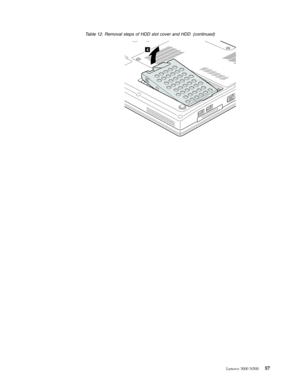 Page 65Table 12. Removal steps of HDD slot cover and HDD (continued) 
4
 
 
 
 
Lenovo 3000 N500 57 