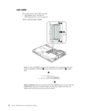 Page 681060 DIMM 
For access, remove these FRUs in order: 
v   
 “1010 Battery pack” on page 54 
v 
 
 “1050 Thermal slot cover” on page 59
 Table 15. Removal steps of DIMM 
1
1
2
 
Note: If only one DIMM is used on the computer you are servicing, the card 
must be installed in SLOT-0 (a: lower slot), but not in SLOT-1 (b: upper 
slot).
b
a
 
When installing: Insert the notched end of the DIMM into the socket. Press the 
DIMM firmly, and pivot it until it snaps into the place. Make sure that it is 
firmly...