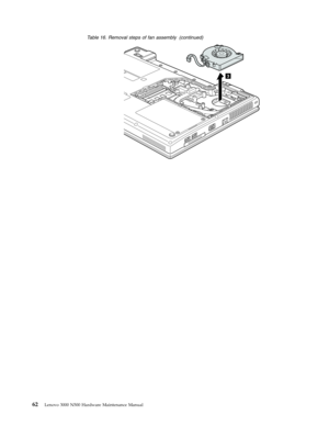 Page 70Table 16. Removal steps of fan assembly (continued) 
3
 
 
 
 
62 Lenovo 3000 N500 Hardware Maintenance Manual 