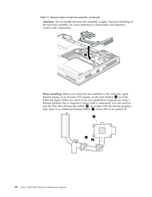 Page 72Table 17. Removal steps of heat sink assembly (continued) 
Attention: Do not handle the heat sink assembly roughly. Improper handling of 
the heat sink assembly can cause distortion or deformation and imperfect 
contact with components. 
6
 
When installing: Before you attach the fan assembly to the computer, apply 
thermal grease, at an amount of 0.2 grams, on the part marked a as in the 
following figure. Either too much or too less application of grease can cause a 
thermal problem due to imperfect...