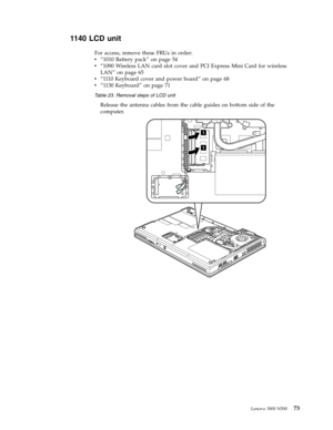 Page 811140 LCD unit 
For access, remove these FRUs in order: 
v   
 “1010 Battery pack” on page 54 
v 
 
 “1090 Wireless LAN card slot cover and PCI Express Mini Card for wireless 
LAN” on page 65 
v 
 
 “ 111 0 Keyboard cover and power board” on page 68 
v 
 
 “1130 Keyboard” on page 71
 Table 23. Removal steps of LCD unit 
Release the antenna cables from the cable guides on bottom side of the 
computer. 
1
1
 
 
Lenovo 3000 N500 73 