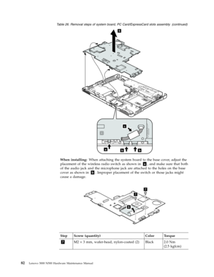 Page 90Table 26. Removal steps of system board, PC Card/ExpressCard slots assembly (continued) 
5
abb
c
 
When installing: When attaching the system board to the base cover, adjust the 
placement of the wireless radio switch as shown in a, and make sure that both 
of the audio jack and the microphone jack are attached to the holes on the base 
cover as shown in b. Improper placement of the switch or those jacks might 
cause a damage. 
6
7
7
 
Step Screw (quantity) Color Torque 
7 M2 × 3 mm, wafer-head,...