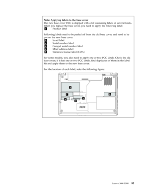 Page 93Note: Applying labels to the base cover
The
 new base cover FRU is shipped with a kit containing labels of several kinds. 
When you replace the base cover, you need to apply the following label: 
a Product label
Following
 labels need to be peeled off from the old base cover, and need to be 
put on the new base cover. 
b Israel label 
c Serial number label 
d Compal serial number label 
e MAC address label 
f Windows license label (COA)
For
 some models, you also need to apply one or two FCC...