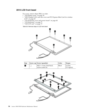 Page 942010 LCD front bezel 
For access, remove these FRUs in order: 
v   
 “1010 Battery pack” on page 54 
v 
 
 “1090 Wireless LAN card slot cover and PCI Express Mini Card for wireless 
LAN” on page 65 
v 
 
 “ 111 0 Keyboard cover and power board” on page 68 
v 
 
 “1130 Keyboard” on page 71 
v 
 
 “1140 LCD unit” on page 73
 Table 28. Removal steps of LCD front bezel 
1
1
1
1
1
1
 
Step Screw cap Screw (quantity) Color Torque 
1  M2.5 × 4 mm, bind-head, 
nylon-coated (6) 
Black 2.0 Nm
(2.5
 kgfcm) 
22
2...