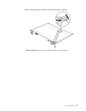 Page 99Table 31. Removal steps of LCD panel, LCD cable, and hinges (continued) 
6
7
 
 
When installing: Make sure that the LCD cable is attached firmly. 
 
 
Lenovo 3000 N500 91 