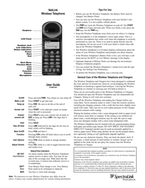 Page 1NetLink
Wireless Telephone
User Guide
72-0064-00-F
On/OffPress and hold PWR. Two chirps on, one chirp off
Make a callPress STARTto get dial tone.
Hang upPress END. Be sure to do this at the end of 
each call.
Answer callPress START. Line indicator comes on steady 
when the call is answered.
AnswerPress HOLDto put your current call on hold, or 
second call ENDto hang up. Press LINE +the digit that is 
flashing.
HoldPress HOLD
Take off HoldPress LINEfollowed by the digit for the line on 
hold, which will...