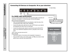 Page 14I N P U T S O U R C EI N P U T S O UR C E
TV
AV
VGA
HDMI   2
HDMI   3
Component
HDMI 1
AVAA
C t
TV SIDE PANEL
side
side 
NOTE: Audio input jacks share with AV. 