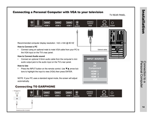 Page 15I N P U T S O U R C EI N P U T S O UR C E
TV
AV
VGA
HDMI   2
HDMI   3
Component
HDMI 1
VGA
Connecting TO EARPHONE
<                     >
(Not Included)
Headphone
Headphone
1920 x1080 