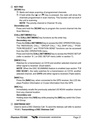 Page 21Page 21 Phantom PS1000
KEY PAD
[
SCAN]
 Key
Starts and stops scanning of programmed channels.
If held while the [
]
 or [
]
 key is pressed, the radio will show the
channels programmed in scan memory. This function will not work if
the unit is scanning.
NOTE: The priority channel is Channel 16 only.
Secondary use
Press and hold the [
SCAN]
 key to program the current channel into the
Scan Memory.
[
CALL(
SET)
MENU]
 Key
The [
CALL(
SET)
MENU]
 key functions as the enter key.
Secondary use
Press the...