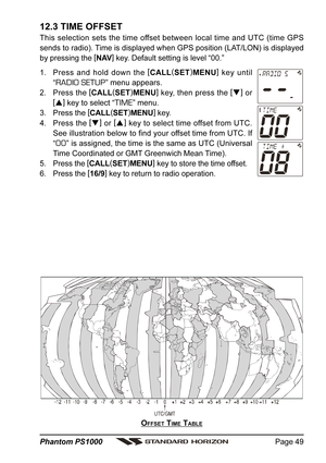 Page 49Page 49 Phantom PS1000
12.3 TIME OFFSET
This selection sets the time offset between local time and UTC (time GPS
sends to radio). Time is displayed when GPS position (LAT/LON) is displayed
by pressing the [
NAV]
 key. Default setting is level “00.”
1. Press and hold down the [
CALL(
SET)
MENU]
 key until
“
RADIO SETUP” menu appears.
2. Press the [
CALL(
SET)
MENU]
 key, then press the [
]
 or
[
]
 key to select “
TIME” menu.
3. Press the [
CALL(
SET)
MENU]
 key.
4. Press the [
]
 or [
]
 key to...