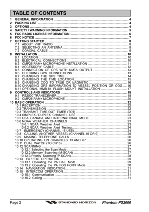 Page 2 Phantom PS2000 Page 2
TABLE OF CONTENTS
1 GENERAL INFORMATION ...................................................................................... 4
2 PACKING LIST ........................................................................................................ 4
3 OPTIONS ................................................................................................................. 4
4 SAFETY / WARNING INFORMATION ...................................................................... 5
5 FCC...