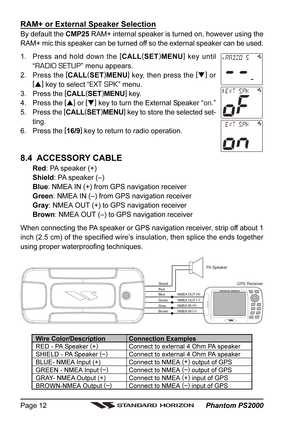 Page 12 Phantom PS2000 Page 12
Wire Color/Description
RED - PA Speaker (
+)
SHIELD - PA Speaker (–)
BLUE- NMEA Input (+)
GREEN - NMEA Input (–)
GRAY- NMEA Output (+)
BROWN-NMEA Output (–)
Connection Examples
Connect to external 4 Ohm PA speaker
Connect to external 4 Ohm PA speaker
Connect to NMEA (+)
 output of GPS
Connect to NMEA (–)
 output of GPS
Connect to NMEA (
+)
 input of GPS
Connect to NMEA (–)
 input of GPS
GPS Receiver PA Spe a k er
Green Bl u e NMEA OUT
NMEA OUT
NMEA IN
NMEA IN(  )
(   )(  )
(   )...