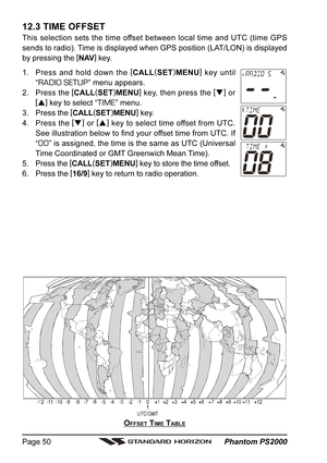 Page 50 Phantom PS2000 Page 50
12.3 TIME OFFSET
This selection sets the time offset between local time and UTC (time GPS
sends to radio). Time is displayed when GPS position (LAT/LON) is displayed
by pressing the [
NAV]
 key.
1. Press and hold down the [
CALL(
SET)
MENU]
 key until
“
RADIO SETUP” menu appears.
2. Press the [
CALL(
SET)
MENU]
 key, then press the [
]
 or
[
]
 key to select “
TIME” menu.
3. Press the [
CALL(
SET)
MENU]
 key.
4. Press the [
]
 or [
]
 key to select time offset from UTC.
See...