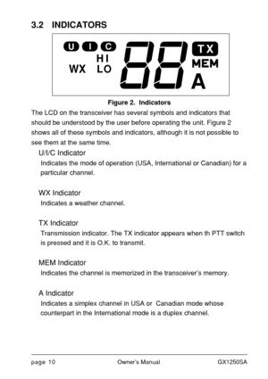 Page 12page 10Owner’s Manual GX1250SA
3.2 INDICATORS
The LCD on the transceiver has several symbols and indicators that
should be understood by the user before operating the unit. Figure 2
shows all of these symbols and indicators, although it is not possible to
see them at the same time.
U/I/C Indicator
Indicates the mode of operation (USA, International or Canadian) for a
particular channel.
WX Indicator
Indicates a weather channel.
TX Indicator
Transmission indicator. The TX indicator appears when th PTT...
