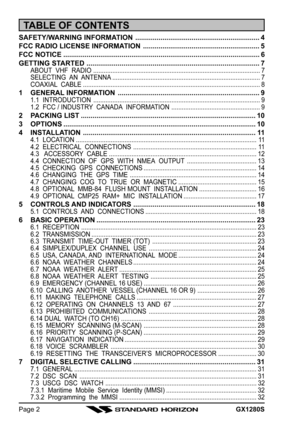 Page 2GX1280SPage 2
TABLE OF CONTENTS
SAFETY/WARNING INFORMATION ................................................................ 4
FCC RADIO LICENSE INFORMATION ............................................................ 5
FCC NOTICE ..................................................................................................... 6
GETTING STARTED ......................................................................................... 7
ABOUT  VHF  RADIO...