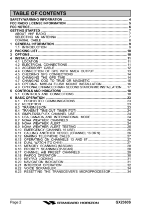 Page 2GX2360SPage 2
TABLE OF CONTENTS
SAFETY/WARNING INFORMATION ........................................................................... 4
FCC RADIO LICENSE INFORMATION ....................................................................... 5
FCC NOTICE................................................................................................................. 6
GETTING STARTED ..................................................................................................... 7
ABOUT  VHF  RADIO...