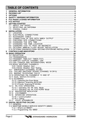 Page 2GX3500S Page 2
TABLE OF CONTENTS
1 GENERAL INFORMATION ...................................................................................... 4
2 PACKING LIST ........................................................................................................ 4
3 OPTIONS ................................................................................................................. 4
4 SAFETY / WARNING INFORMATION ...................................................................... 5
5 FCC RADIO...
