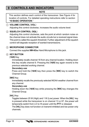 Page 18GX3500S Page 18
9  CONTROLS AND INDICATORS
NOTE
This section defines each control of the transceiver. See Figure 4 for
location of controls. For detailed operating instructions refer to section
“10 BASIC OPERATION.”
VOLUME CONTROL (
VOL)
Adjusting this control clockwise, increases the audio volume level.
SQUELCH CONTROL (
SQL)
Adjusting this control clockwise, sets the point at which random noise on
the channel does not activate the audio circuits but a received signal does.
This point is called the...