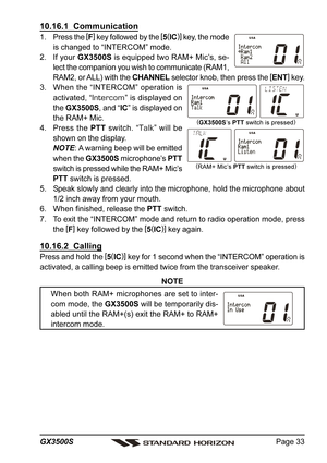 Page 33Page 33 GX3500S
10.16.1  Communication
1. Press the [
F]
 key followed by the [
5(
IC)]
 key, the mode
is changed to “INTERCOM” mode.
2. If your GX3500S is equipped two RAM+ Mic’s, se-
lect the companion you wish to communicate (RAM1,
RAM2, or ALL) with the CHANNEL selector knob, then press the [
ENT]
 key.
3. When the “INTERCOM” operation is
activated, “
Intercom” is displayed on
the GX3500S, and “IC” is displayed on
the RAM+ Mic.
4. Press the PTT switch. “
Talk” will be
shown on the display.
NOTE: A...