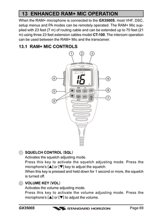 Page 69Page 69 GX3500S
13  ENHANCED RAM+ MIC OPERATION
When the RAM+ microphone is connected to the GX3500S, most VHF, DSC,
setup menus and PA modes can be remotely operated. The RAM+ Mic sup-
plied with 23 feet (7 m) of routing cable and can be extended up to 70 feet (21
m) using three 23 feet extension cables model CT-100. The intercom operation
can be used between the RAM+ Mic and the transceiver.
13.1  RAM+ MIC CONTROLS
SQUELCH CONTROL (
SQL)
Activates the squelch adjusting mode.
Press this key to activate...