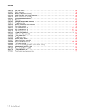 Page 156I-6Service Manual 4512-630
40X2836 Left side cover
 - - - - - - - - - - - - - - - - - - - - - - - - - - - - - - - - - - - - - - - - - - - - - - - - - - - - - - - - - - - - - - - -  7-3
40X2837 Right side cover
 - - - - - - - - - - - - - - - - - - - - - - - - - - - - - - - - - - - - - - - - - - - - - - - - - - - - - - - - - - - - - - -   7-3
40X2838 Media (ACM) drive assembly
  - - - - - - - - - - - - - - - - - - - - - - - - - - - - - - - - - - - - - - - - - - - - - - - - - - - - -   7-7
40X2839 Rear...