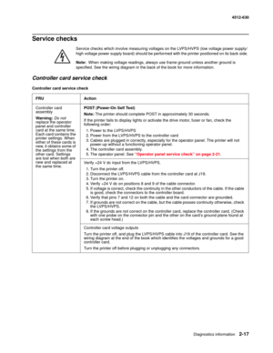 Page 43Diagnostics information2-17
4512-630
Service checks
Service checks which involve measuring voltages on the LVPS/HVPS (low voltage power supply/
high voltage power supply board) should be performed with the printer positioned on its back side. 
Note:  When making voltage readings, always use frame ground unless another ground is 
specified. See the wiring diagram in the back of the book for more information. 
Controller card service check 
Controller card service check
FRU Action
Controller card...