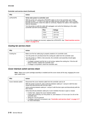 Page 442-18Service Manual 4512-630
Cooling fan service check 
Cover interlock switch service check 
Note:  Make sure a print cartridge assembly is installed and the cover closes all the way, engaging the cover 
open switch lever.  LVPS/HVPSVerify main power to controller card
With the printer off, unplug the LPS/HVPS cable at J19 on the controller card. Verify 
grounds on pins 7, 12, and 14 for both the cable and the controller card. If any of these 
grounds are incorrect, check the cable for continuity....