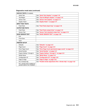 Page 61Diagnostic aids3-3
  4512-630
DUPLEX TESTS (if installed)
Quick Test See “Quick Test (duplex)” on page 3-16
Top Margin See “Top/Left Margin (duplex)” on page 3-16
Sensor Test See “Sensor Test (duplex)” on page 3-17
Duplex Feed 1 See “Duplex Feed 1” on page 3-17
INPUT TRAY TESTS
Feed Tests See “Feed Tests (input tray)” on page 3-18
OUTPUT BIN TESTS
Feed Tests See “Feed Tests (output bins)” on page 3-19
Sensor Test See “Sensor Test (standard output bin)” on page 3-19
BASE SENSOR TESTSee “BASE SENSOR TEST”...