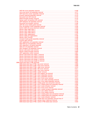 Page 11Table of contentsxi
7500-XXX
ADF left cover assembly removal   . . . . . . . . . . . . . . . . . . . . . . . . . . . . . . . . . . . . . . . . . . . . . . . . 4-168
Left cover pinch roll assembly removal   . . . . . . . . . . . . . . . . . . . . . . . . . . . . . . . . . . . . . . . . . . .  4-171
ADF feed drive motor assembly removal   . . . . . . . . . . . . . . . . . . . . . . . . . . . . . . . . . . . . . . . . . .  4-172
Inverter solenoid assembly removal  . . . . . . . . . . . . . . . . . . . . . ....