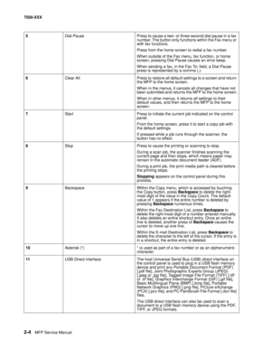 Page 1022-4MFP Service Manual 7500-XXX
5Dial Pause Press to cause a two- or three-second dial pause in a fax 
number. The button only functions within the Fax menu or 
with fax functions.
Press from the home screen to redial a fax number.
When outside of the Fax menu, fax function, or home 
screen, pressing Dial Pause causes an error beep.
When sending a fax, in the Fax To: field, a Dial Pause 
press is represented by a comma (,).
6Clear All Press to restore all default settings to a screen and return 
the MFP...