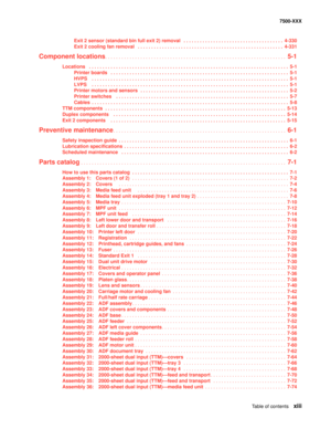 Page 13Table of contentsxiii
7500-XXX
Exit 2 sensor (standard bin full exit 2) removal   . . . . . . . . . . . . . . . . . . . . . . . . . . . . . . . . . . . . .  4-330
Exit 2 cooling fan removal   . . . . . . . . . . . . . . . . . . . . . . . . . . . . . . . . . . . . . . . . . . . . . . . . . . . . . .  4-331
Component locations. . . . . . . . . . . . . . . . . . . . . . . . . . . . . . . . . . . . . . . . . . . . . . . . . . . . . . . . . . . . . . . . . . .  5-1
Locations  . . . . . . . . . . . . . . . . ....