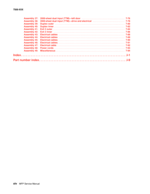 Page 14xivMFP Service Manual 7500-XXX
Assembly 37: 2000-sheet dual input (TTM)–left door  . . . . . . . . . . . . . . . . . . . . . . . . . . . . . . . . . . .   7-76
Assembly 38: 2000-sheet dual input (TTM)–drive and electrical  . . . . . . . . . . . . . . . . . . . . . . . . . .   7-78
Assembly 39: Duplex outer  . . . . . . . . . . . . . . . . . . . . . . . . . . . . . . . . . . . . . . . . . . . . . . . . . . . . . . . . .   7-80
Assembly 40: Duplex inner. . . . . . . . . . . . . . . . . . . . . . . . . . ....