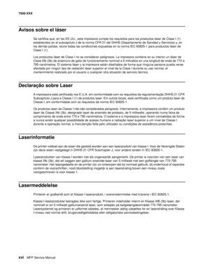 Page 16xviMFP Service Manual 7500-XXX
Avisos sobre el láser
Se certifica que, en los EE.UU., esta impresora cumple los requisitos para los productos láser de Clase I (1) 
establecidos en el subcapítulo J de la norma CFR 21 del DHHS (Departamento de Sanidad y Servicios) y, en 
los demás países, reúne todas las condiciones expuestas en la norma IEC 60825-1 para productos láser de 
Clase I (1).
Los productos láser de Clase I no se consideran peligrosos. La impresora contiene en su interior un láser de 
Clase IIIb...