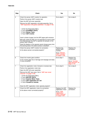 Page 2102-112MFP Service Manual 7500-XXX
4 Check the sensor (ADF inverter) for operation.
Perform the sensor (ADF inverter) test.
Open the ADF left cover assembly.
Remove the ADF separation roll guide assembly. Go to 
“ADF separation roll guide assembly” on page 4-195.
1. Enter the Diagnostics Menu.
2. Touch SCANNER TESTS.
3. Touch Sensor Tests.
4. Touch ADF inverter.
Insert a sheet of paper into the ADF paper path entrance.
Manually rotate the ADF exit roll assembly by hand to feed 
the sheet through the ADF to...