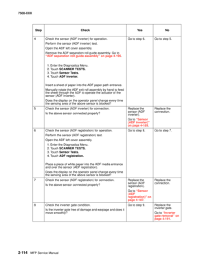 Page 2122-114MFP Service Manual 7500-XXX
4 Check the sensor (ADF inverter) for operation.
Perform the sensor (ADF inverter) test.
Open the ADF left cover assembly.
Remove the ADF separation roll guide assembly. Go to 
“ADF separation roll guide assembly” on page 4-195.
1. Enter the Diagnostics Menu.
2. Touch SCANNER TESTS.
3. Touch Sensor Tests.
4. Touch ADF inverter.
Insert a sheet of paper into the ADF paper path entrance.
Manually rotate the ADF exit roll assembly by hand to feed 
the sheet through the ADF to...