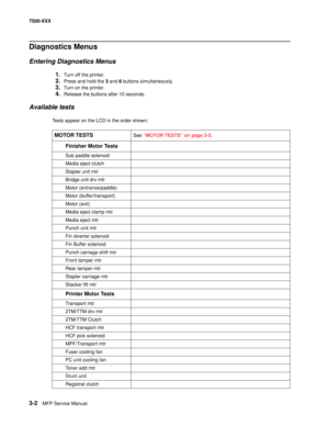 Page 3303-2MFP Service Manual 7500-XXX
Diagnostics Menus
Entering Diagnostics Menus
1.Turn off the printer.
2.Press and hold the 3 and 6 buttons simultaneously.
3.Turn on the printer.
4.Release the buttons after 10 seconds.
Available tests
Tests appear on the LCD in the order shown:
MOTOR TESTSSee “MOTOR TESTS” on page 3-5.
Finisher Motor Tests
Sub paddle solenoid
Media eject clutch
Stapler unit mtr
Bridge unit drv mtr
Motor (entrance/paddle)
Motor (buffer/transport)
Motor (exit)
Media eject clamp mtr
Media...