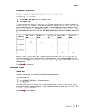 Page 341Diagnostic aids3-13
7500-XXX
Sensor Test (output bin)
This test is used to verify that a specific output bin’s sensors are working correctly. 
To run the Output Bin Sensor Test
1.Touch OUTPUT BIN TESTS from the Diagnostics Menu.
2.Touch Sensor Test.
The panel displays each installed bin, one bin per line. When you select an output bin, the panel displays the 
selected output bin in the header row, and then displays the name of each of the bin’s sensors. You must select 
a specific sensor from this list...