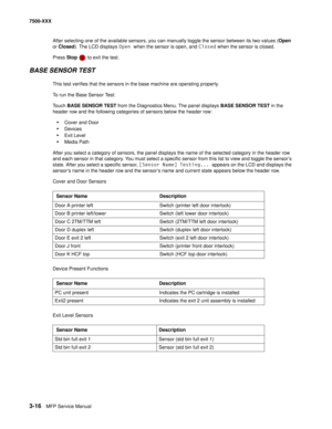 Page 3443-16MFP Service Manual 7500-XXX
After selecting one of the available sensors, you can manually toggle the sensor between its two values (Open 
or Closed). The LCD displays Open when the sensor is open, and Closed when the sensor is closed.
Press Stop   to exit the test.
BASE SENSOR TEST
This test verifies that the sensors in the base machine are operating properly. 
To run the Base Sensor Test:
Touch BASE SENSOR TEST from the Diagnostics Menu. The panel displays BASE SENSOR TEST in the 
header row and...