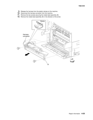 Page 403Repair information4-25
7500-XXX
9.Release the harness from the plastic clamps on the machine. 
10.Disconnect the harness connector from the machine. 
11.Remove the two screws securing the media feed assembly (B). 
12.Remove the media feed assembly (B) in the direction of the arrow. 
BLeft Harness
connector
Clamp 