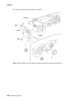 Page 4224-44MFP Service Manual 7500-XXX
6.Remove the media feed unit drive gear - 29 tooth (B). 
Note:  Before reinstalling, ensure all gears and washers are securely attached to the bracket (A).
Harness
Clamp
A
Rear
Washer
B Rear 