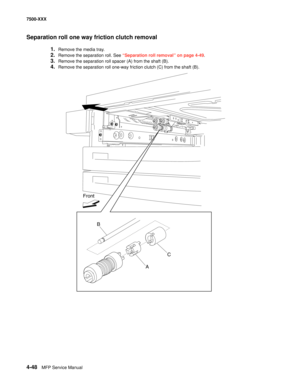 Page 4264-48MFP Service Manual 7500-XXX
Separation roll one way friction clutch removal
1.Remove the media tray. 
2.Remove the separation roll. See “Separation roll removal” on page 4-49.
3.Remove the separation roll spacer (A) from the shaft (B). 
4.Remove the separation roll one-way friction clutch (C) from the shaft (B). 
Front
AC B 